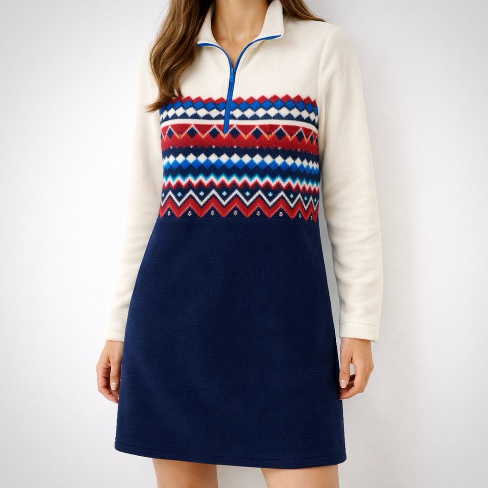 Lands' End Fair Isle Fleece Dress | Warm 1/4 Zip Long Sleeve Apres Ski [size Mp]